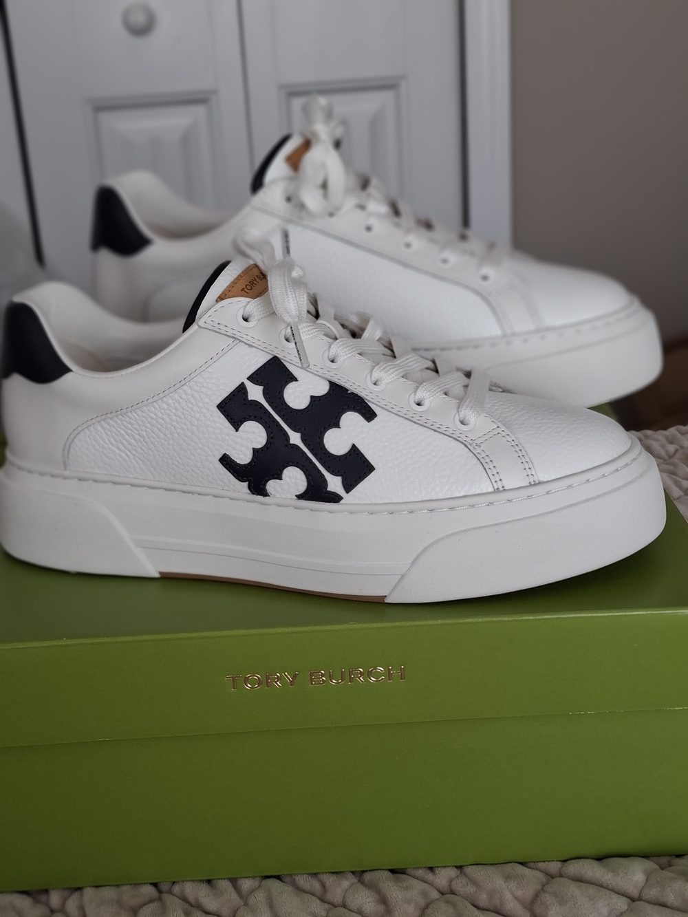 Tory Burch White Leather Sneakers with Black Logo Accent